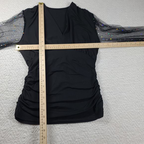 Black Deep V neck sheer rhinestone embellished puffy sleeve top glam size M - Picture 5 of 12